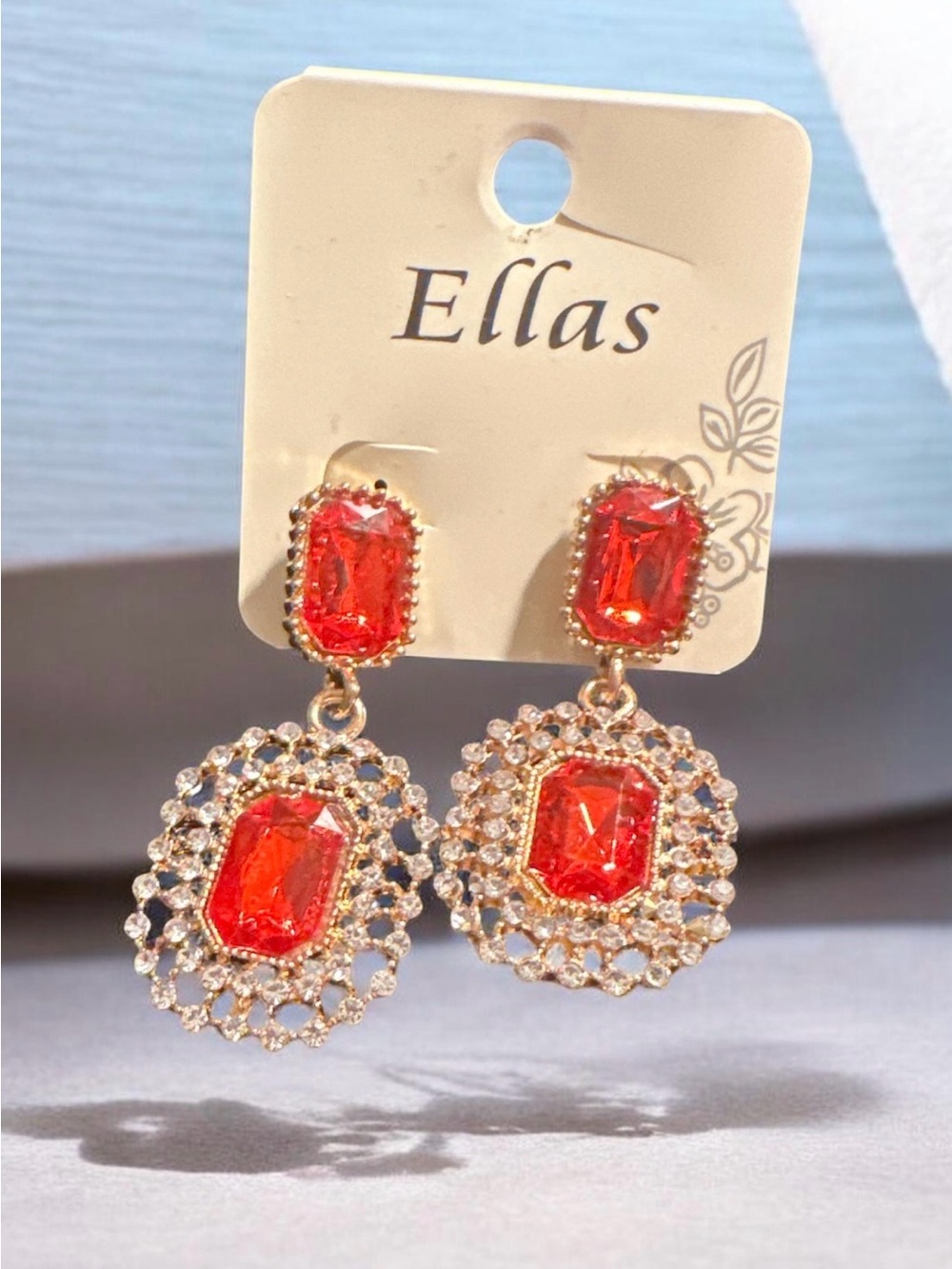 Ella Orange-Red Crystal Drop Earrings with Gold Accents
562